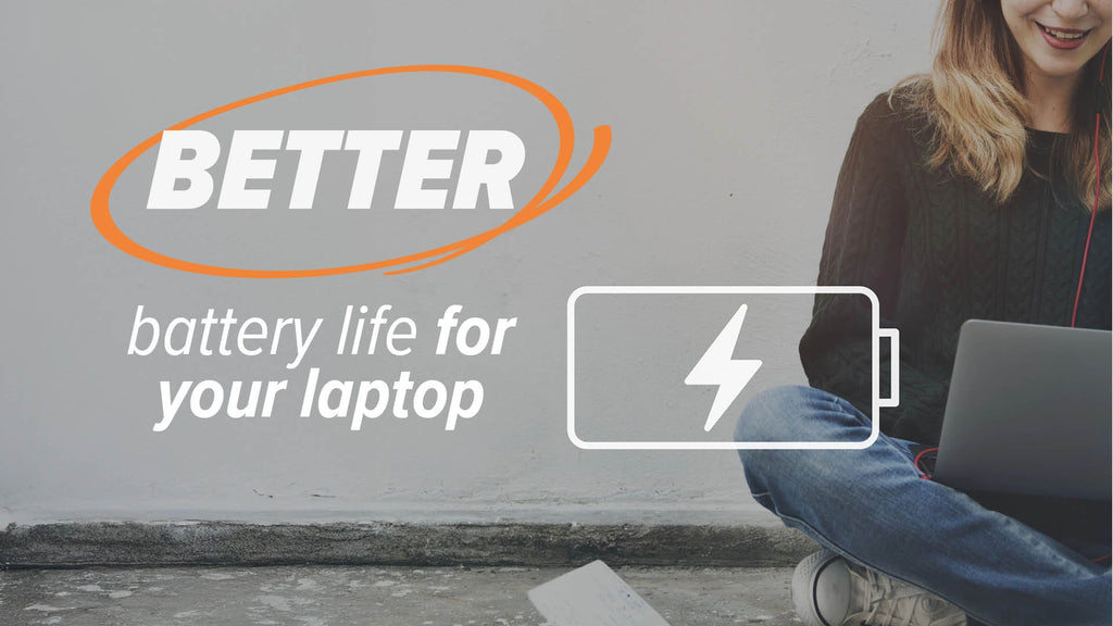 Better battery life for your laptop showing a battery icon overlaying the image of someone sitting using a laptop