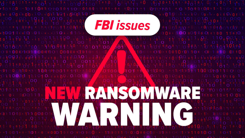 A background of binary code with a warning icon and text overlayed that says 'FBI issues new ransomware warning'.