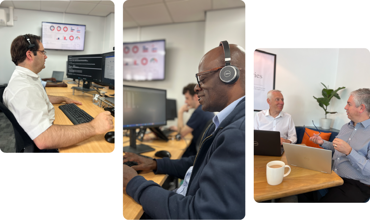 Collage of three scenes: a person at a desk with a computer, a man in a suit with headphones, and two people in a meeting.