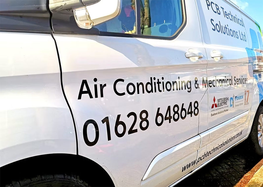 Van with air conditioning and mechanical service details on a white background