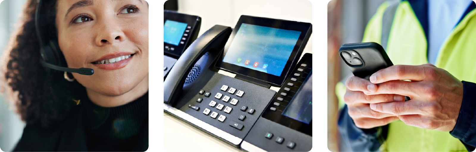 Three images: a person wearing a headset, a phone system, and a person using a smartphone.